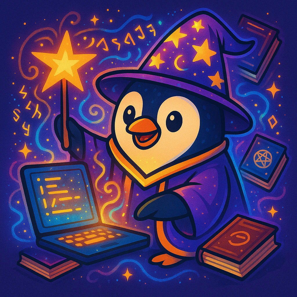 Make the penguin wizard scene even more magical, with glowing runes, swirling sparkles, floating spellbooks, and a shimmering aura around the penguin and laptop. Enhance the magical atmosphere with vibrant mystical effects. emoji