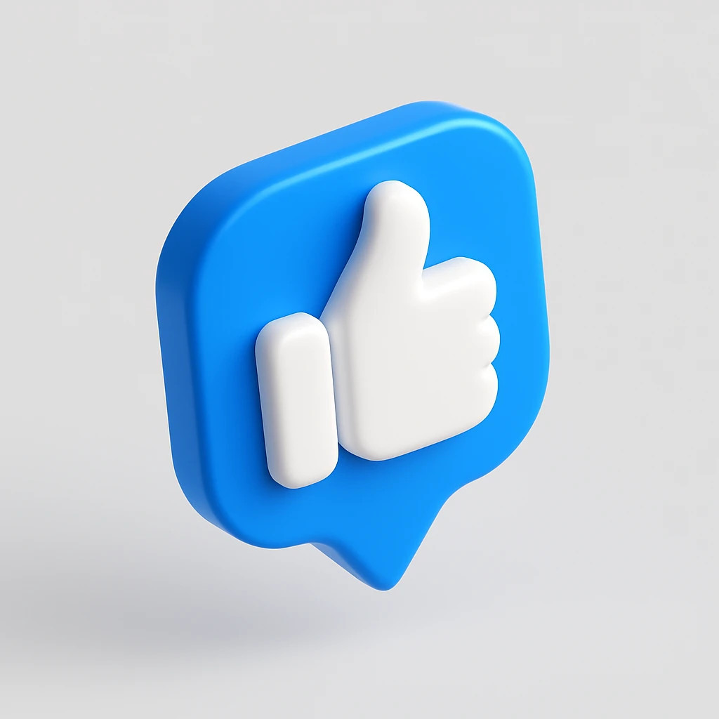 3D thumbs up like icon, white thumb on bright blue speech bubble, modern social media style, floating, high gloss, minimal design, centered, isolated on light gray background emoji