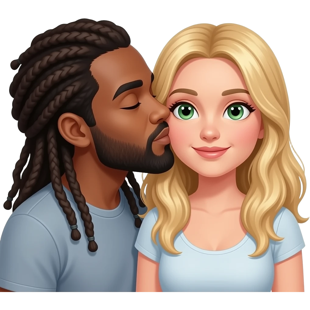 black guy with long dreads and beard only kissing girl with long blond hair and green eyes emoji