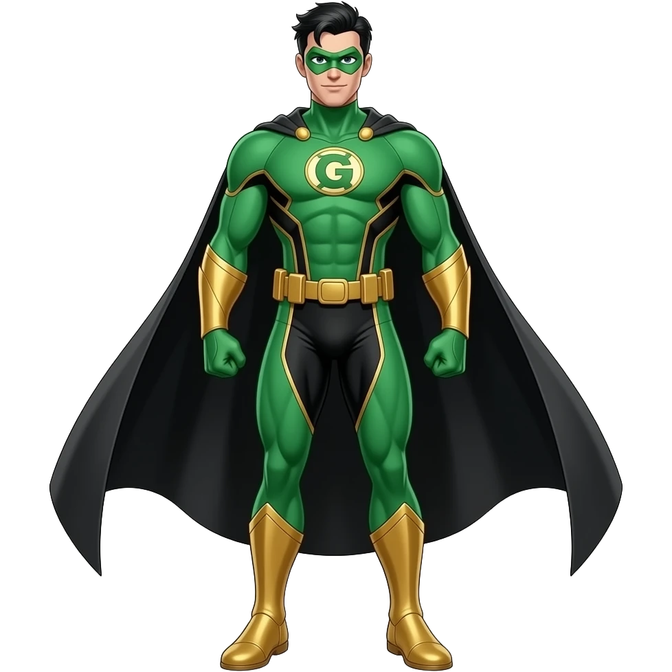 Anime male superhero suite all green and gold lines black long black cape green masks look superstrong black slick hair letters G on the suite very tall full body emoji