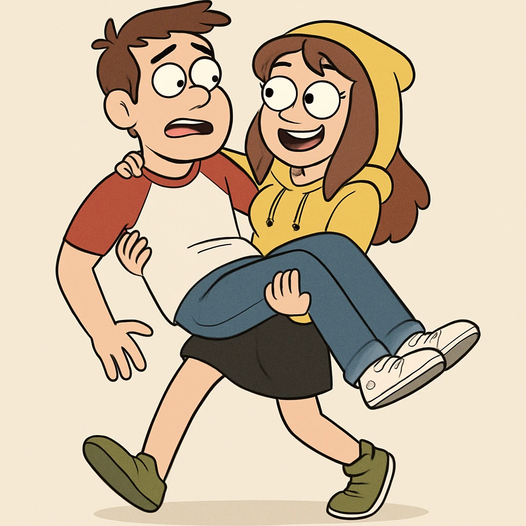 A man Raglan sleeves with Red t-shirts blue jeans white shoes carried by a cute a girl yellow hoodie black skirt green shoe  emoji