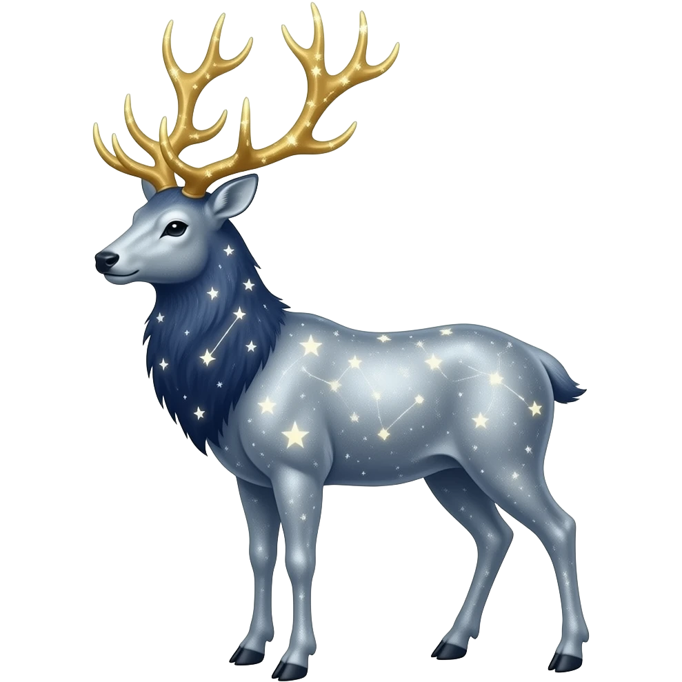 Celestial Stag emoji – full body, majestic stag with shimmering silver body and deep midnight-blue fur, tall glowing golden antlers shaped like constellations, small star accents, slight side angle emoji