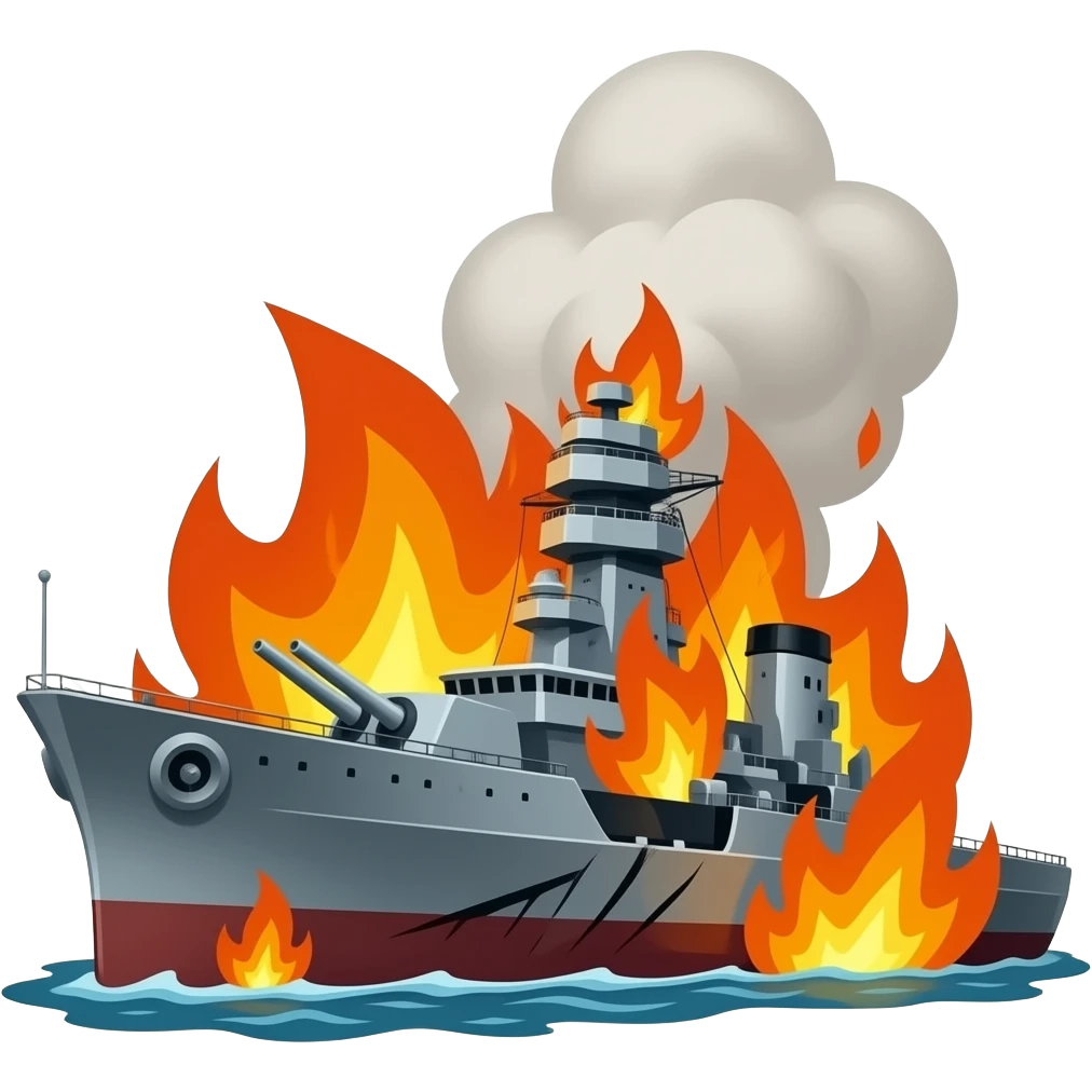 damaged warship on fire emoji