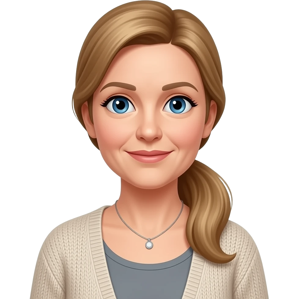 Blue eyes, fair skin, longer blonde/brown hair pony tail, middle aged women, cardigan, grey top,small necklace emoji