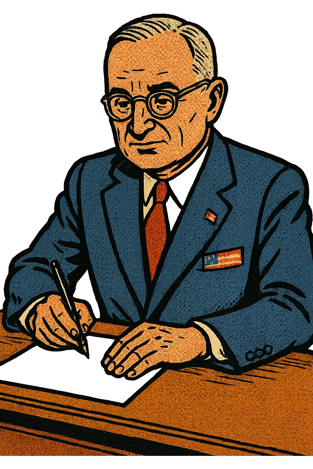 President Truman wearing a blue suit with a large US flag badge sitting down at a desk writing a letter emoji
