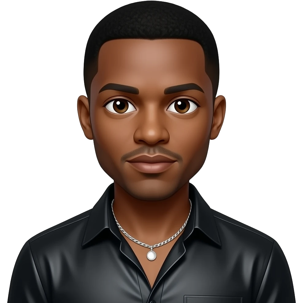 Kenneth Babyface Edmonds with dark brown eyes, black hair, black metallic open dress shirt, silver necklace emoji