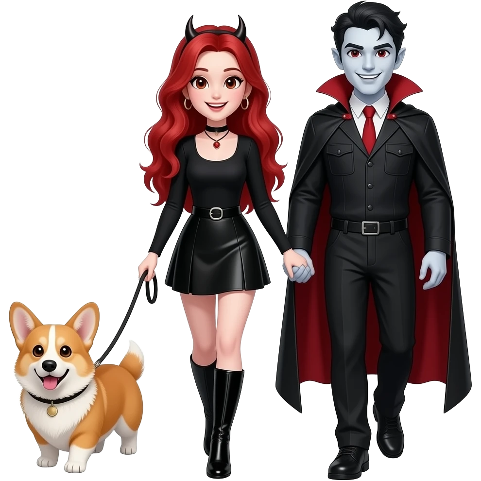 Vampiro femmina ADOLESCENTE con pelle bianca e capelli rossi lunghi che indossa una gonna corta nera e un top con le maniche lunghe e degli stivali lunghi neri con tacco che cammina con al guinzaglio un Corgi e tiene per mano il suo ragazzo VAMPIRO con la pelle bianca e la tuta e sono felici emoji
