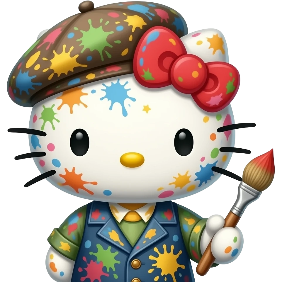 hello kitty representada como el pintor vangogh, con boina, pincel y toda manchada de pintura pincel emoji