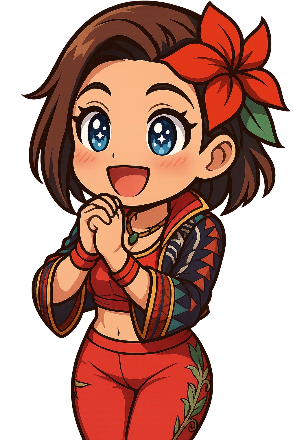 Azucena from Tekken 8 in chibi sticker style, with sparkly eyes and hands clasped in excitement, wearing the detailed red and patterned outfit from the reference images, designed for Twitch emote use. emoji