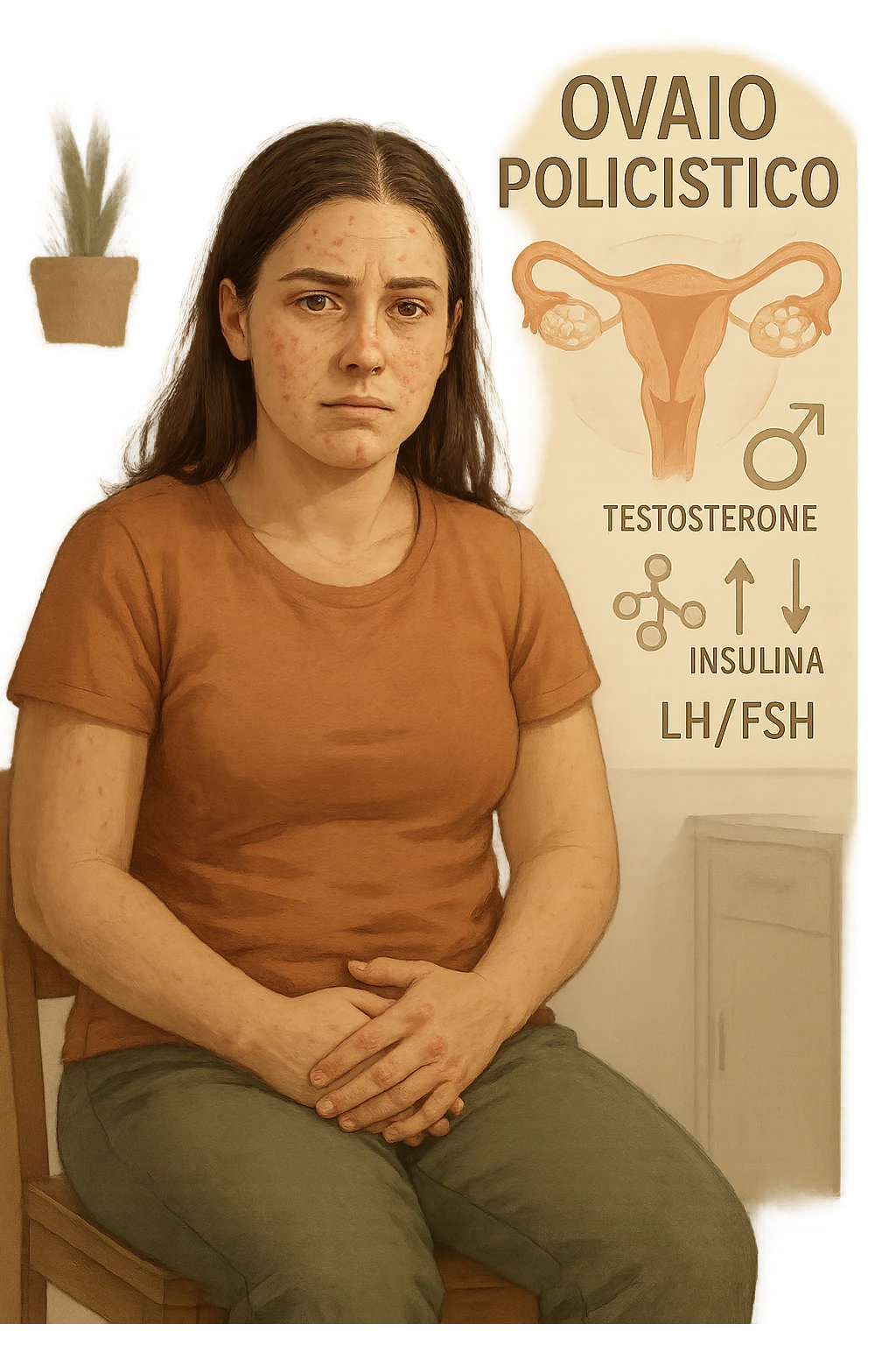 Donna tra i 25 e i 35 anni, con espressione stanca ma determinata, seduta in uno studio medico o nella sua stanza, con mani sul basso ventre. Sullo sfondo un diagramma trasparente o fluttuante di ovaie con cisti multiple, ormoni stilizzati in disequilibrio (testosterone, insulina, LH/FSH). Leggeri segni visivi di sintomi tipici: acne sul viso, lieve aumento di peso, capelli leggermente diradati in zona frontale. Ambiente realistico ma con elementi educativi e simbolici. Toni tenui ma caldi, stile empatico e informativo. in italiano emoji