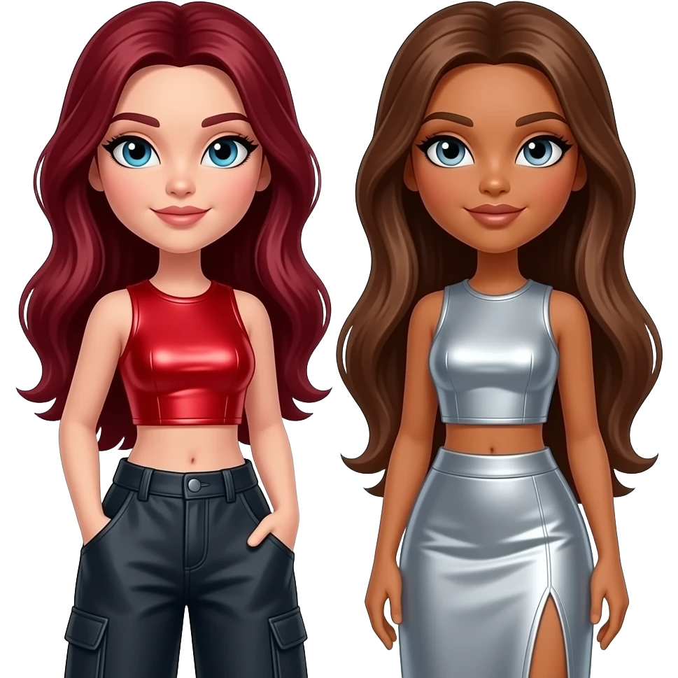 Bratz with Roxxi with blue eyes, long dark red hair, red metallic crop top and baggy pants, Nevra with tan skin, blue-grey eyes,long brown hair, silver crop top and long skirt emoji