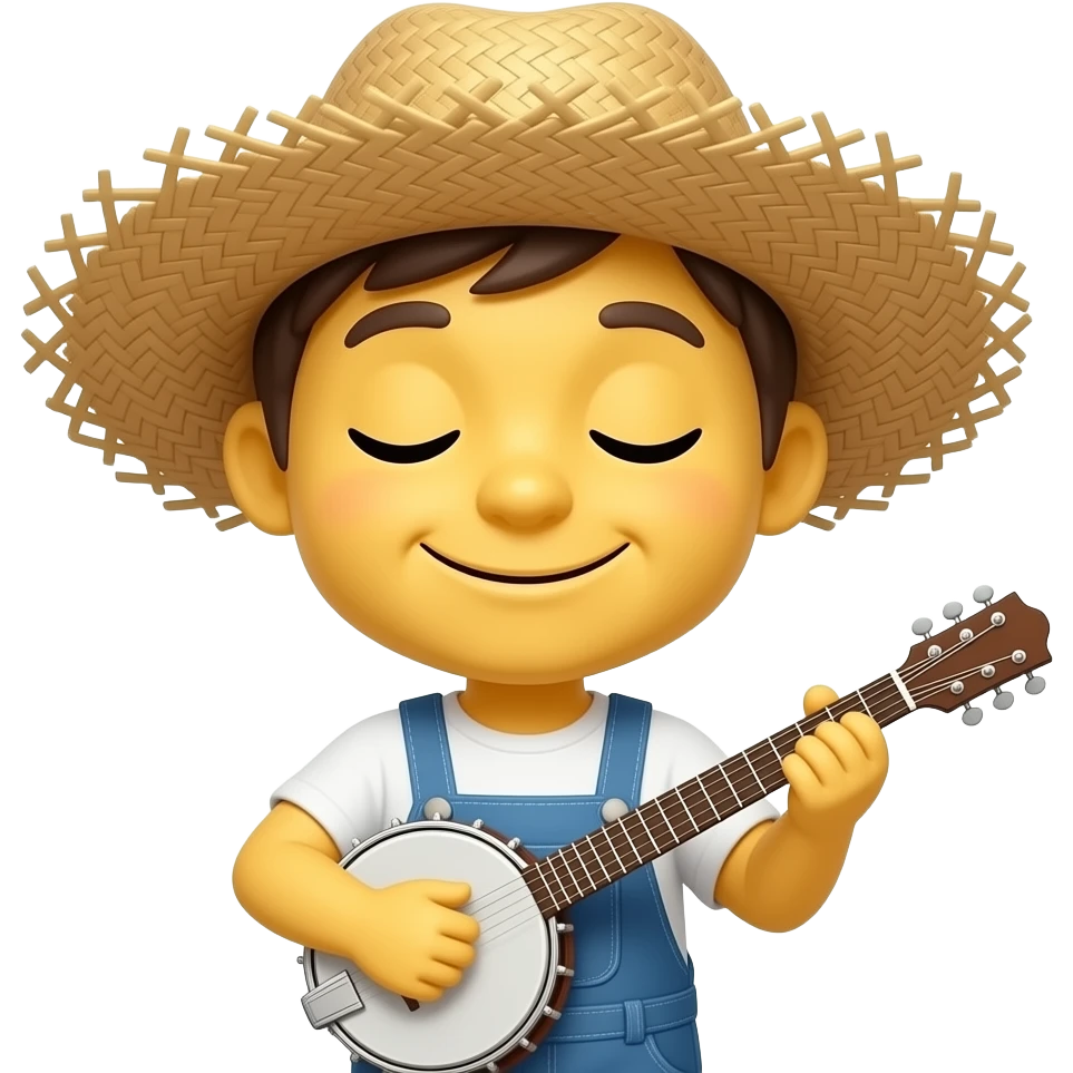 Little mini yellow emoji smiling, mouth closed, wearing messy straw hat playing banjo, wearing coveralls, eyes closed emoji