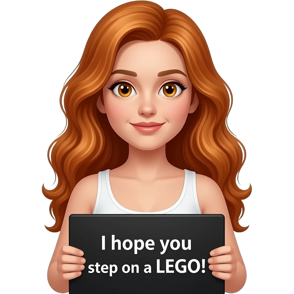 sexy girl with long wavy ginger hair and ginger eyes wearing a white tanktop is holding a black colored sign with I hope you step on a LEGO! written on it emoji