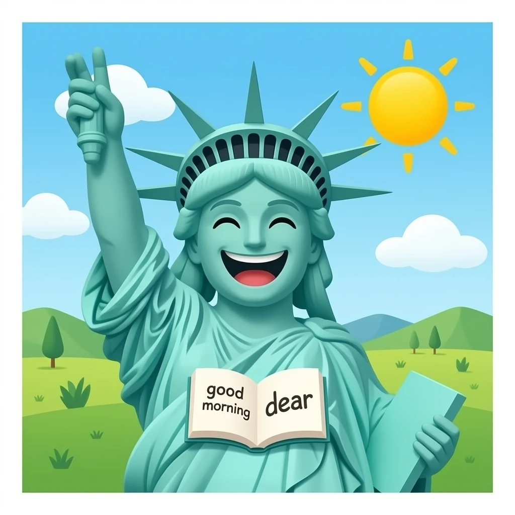 statue of liberty laughing very happy  (both hands visible)), sun is visiblw and has a writing on the book "good morning dear" emoji
