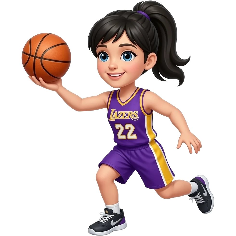 A girl playing basketball with black hair andthen purple and yellow jersey that says a2zoe emoji