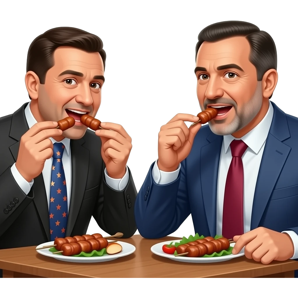 сгенерируй фото как Никол пашинян и его саратники жадно едят шашлык emoji