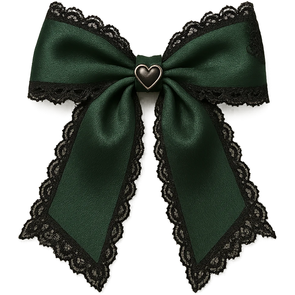 green gothic bow with black lace trim and heart charm, remove background emoji