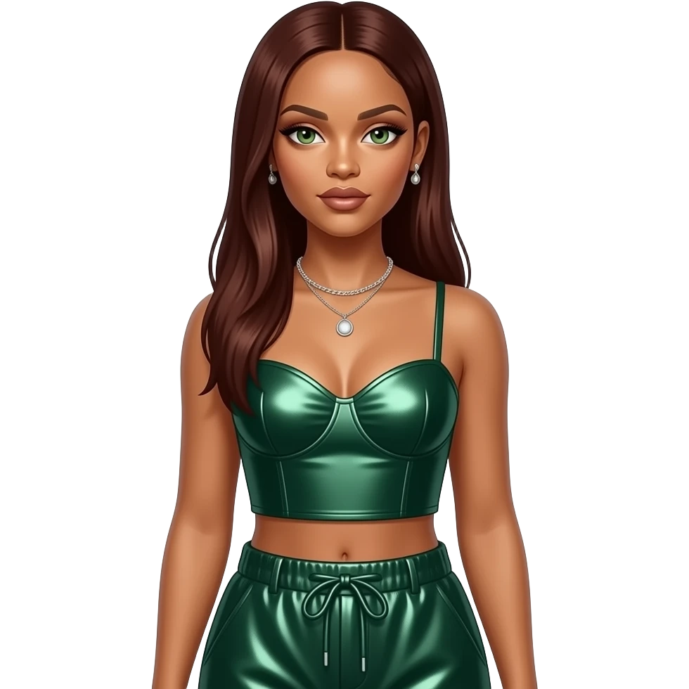 Rihanna with hazel green eyes, long dark auburn straight hair, dark green metallic sleeveless sweetheart crop top, dark green metallic baggy pants, necklace and earrings emoji