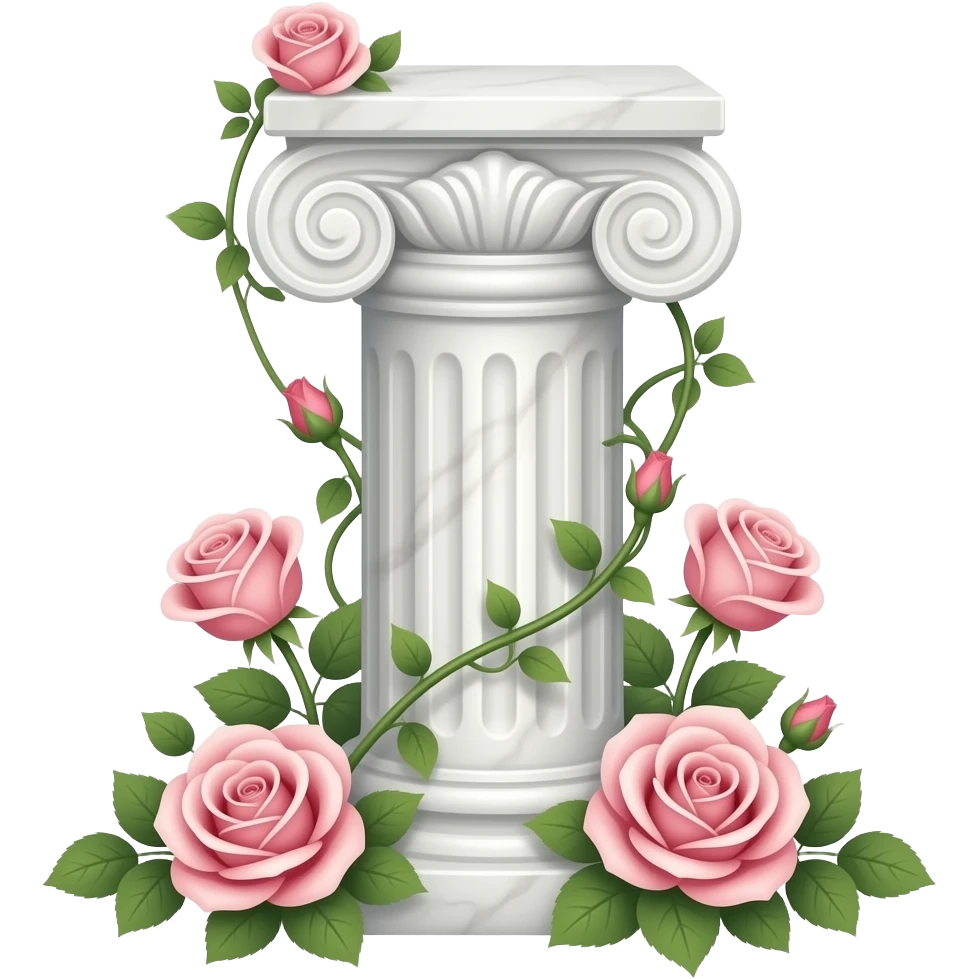 White tall marble pedestal with vines growing and gorgeous roses flowers beautiful romantic, transparent background emoji