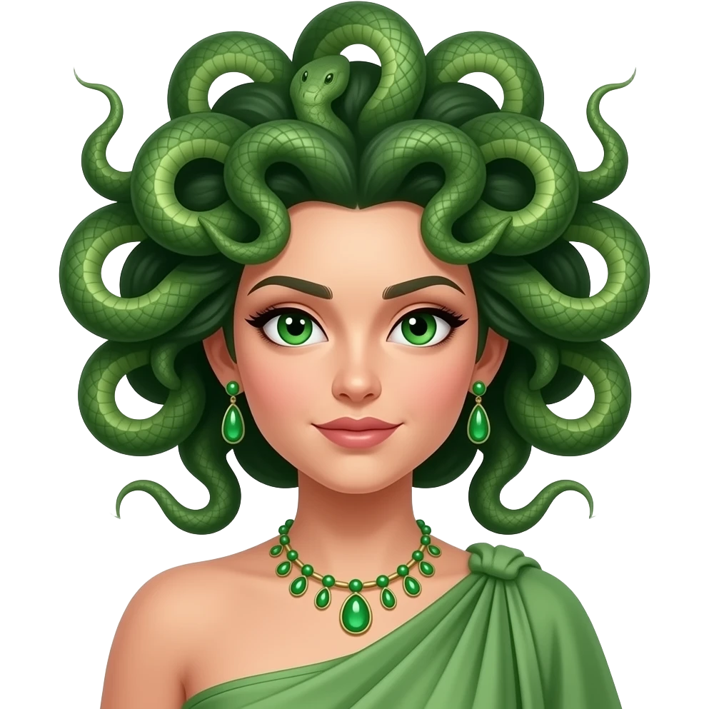 Medusa from Roman Mythology with green eyes, green snake updo hair, green peplos, necklace and earrings emoji