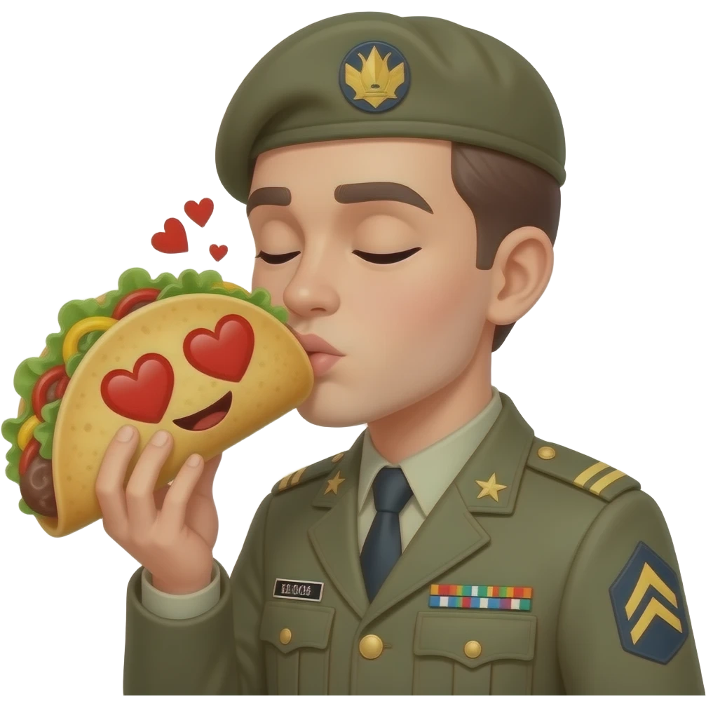 Male Soldier romantically kissing taco with heart eyes emoji
