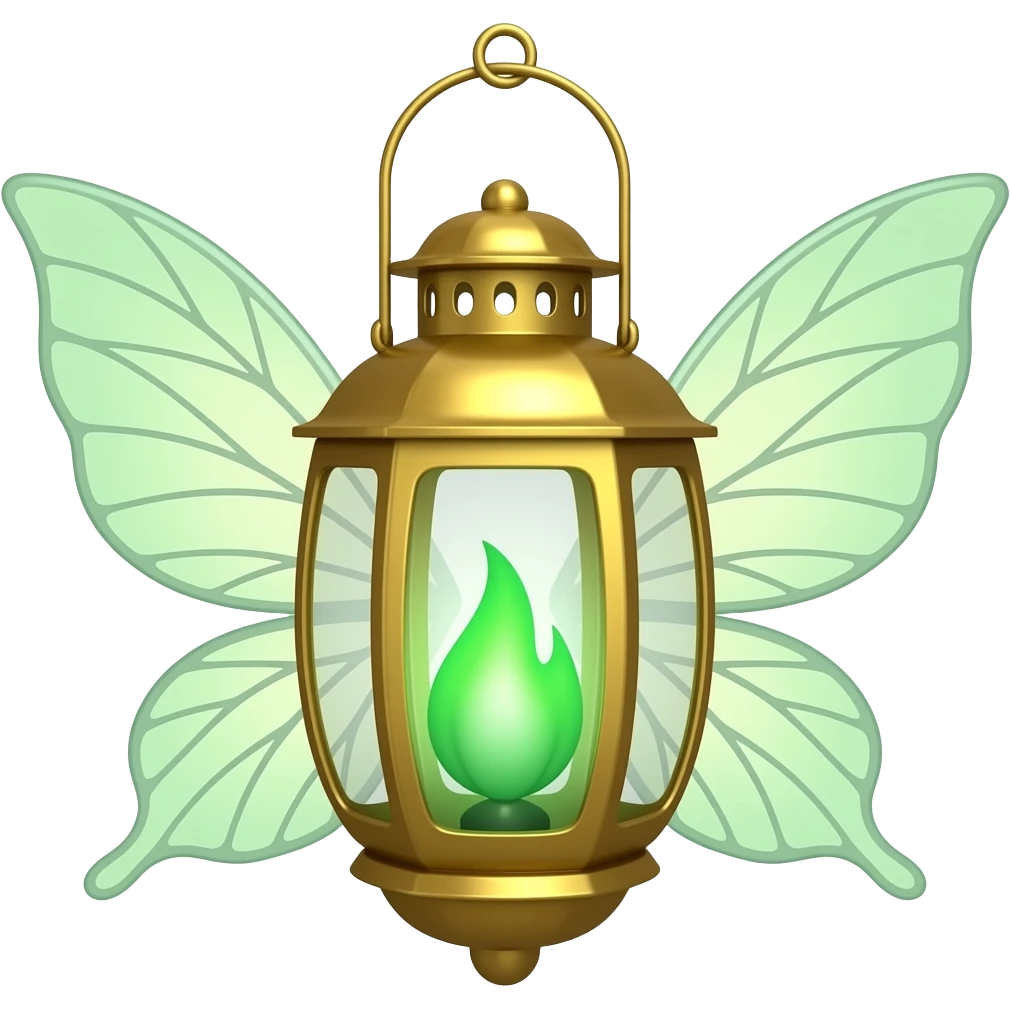 A golden hanging lantern with a emerald green flame, no wire or chain, fairy filigree, but simple emoji
