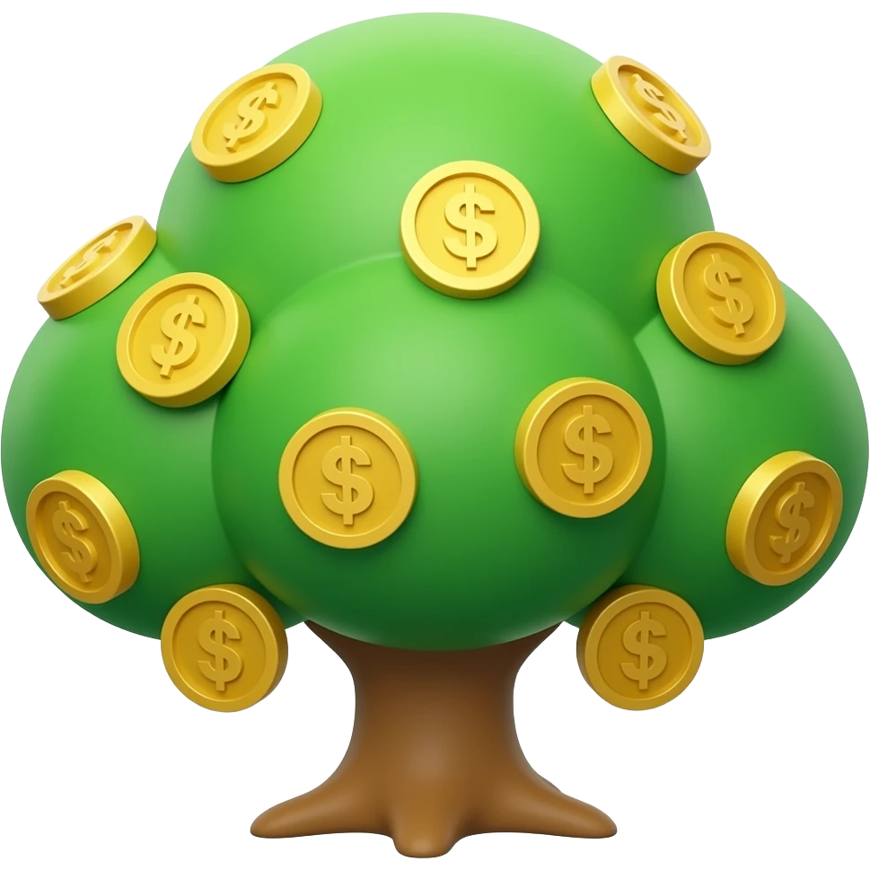 High-quality 3D isometric icon of a stylized financial tree, lush green tree with many golden coins hanging from branches like fruits, thick canopy, very healthy and rich, glossy finish, vibrant colors, white background, mobile game asset style, high quality render, soft studio lighting, ios style. emoji