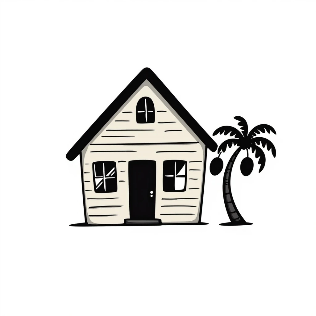 A simple light brown wooden house from a barrio with a mango tree beside it emoji