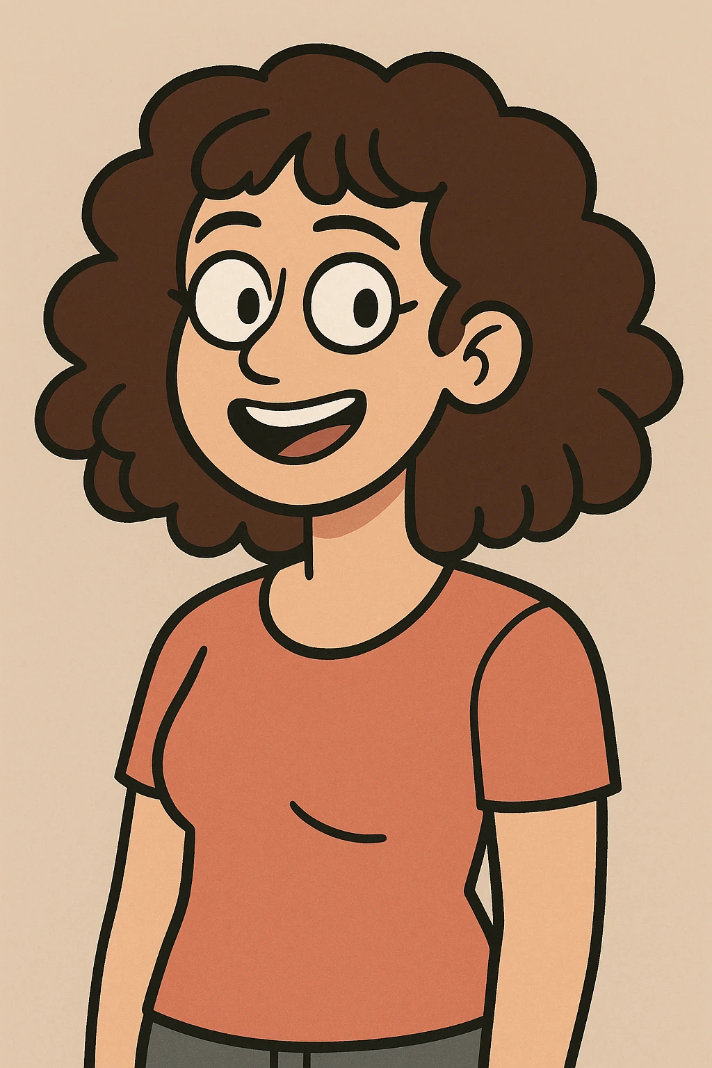 curly haired woman with shoulder length brown hair, cartoon style, colorful and expressive emoji