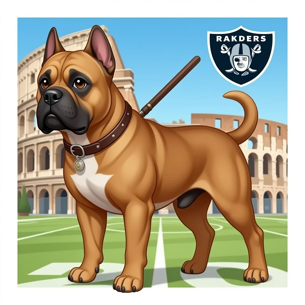 A cane Corso fawn color clipped ears, no  tail, triple muscle dressed like a Roman war dog standing in front of the Oakland Raiders Colosseum emoji