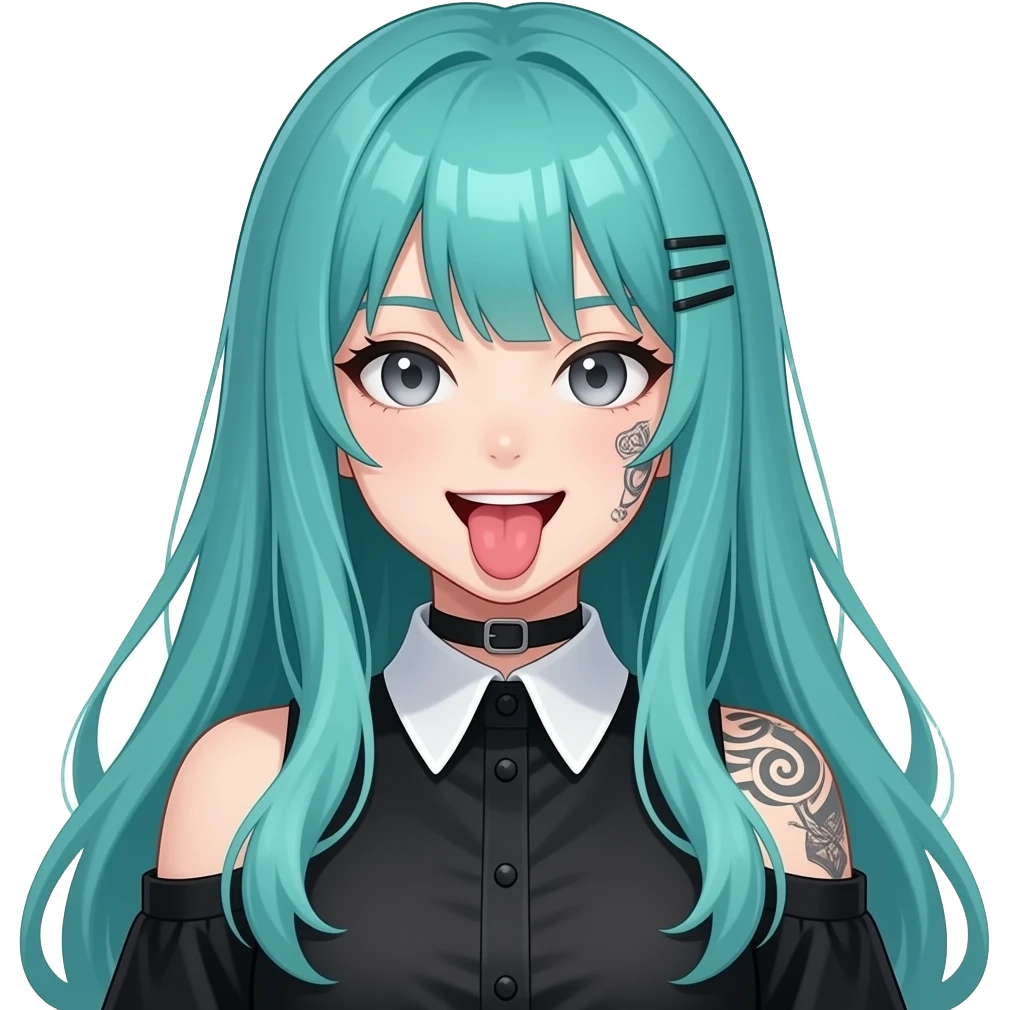 anime girl, silly face, tongue uot, face tattoos, long flowing teal hair, grey eyes, black shoulder cyberpunk blouse with fancy white collar emoji