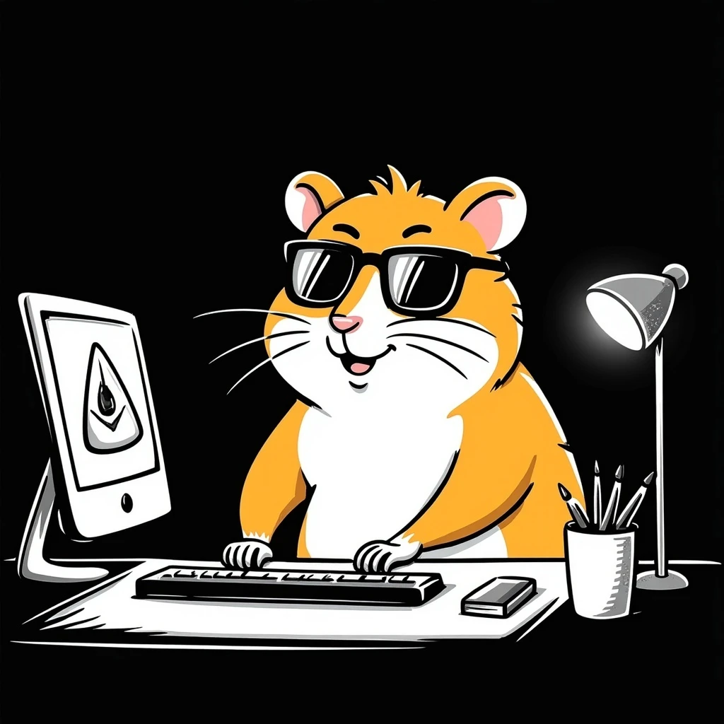 unique, colorful, mature, modern, highly realistic hamster with cool glasses, creating a design or making animations, showing creative action, hand-drawn look, solid black background emoji