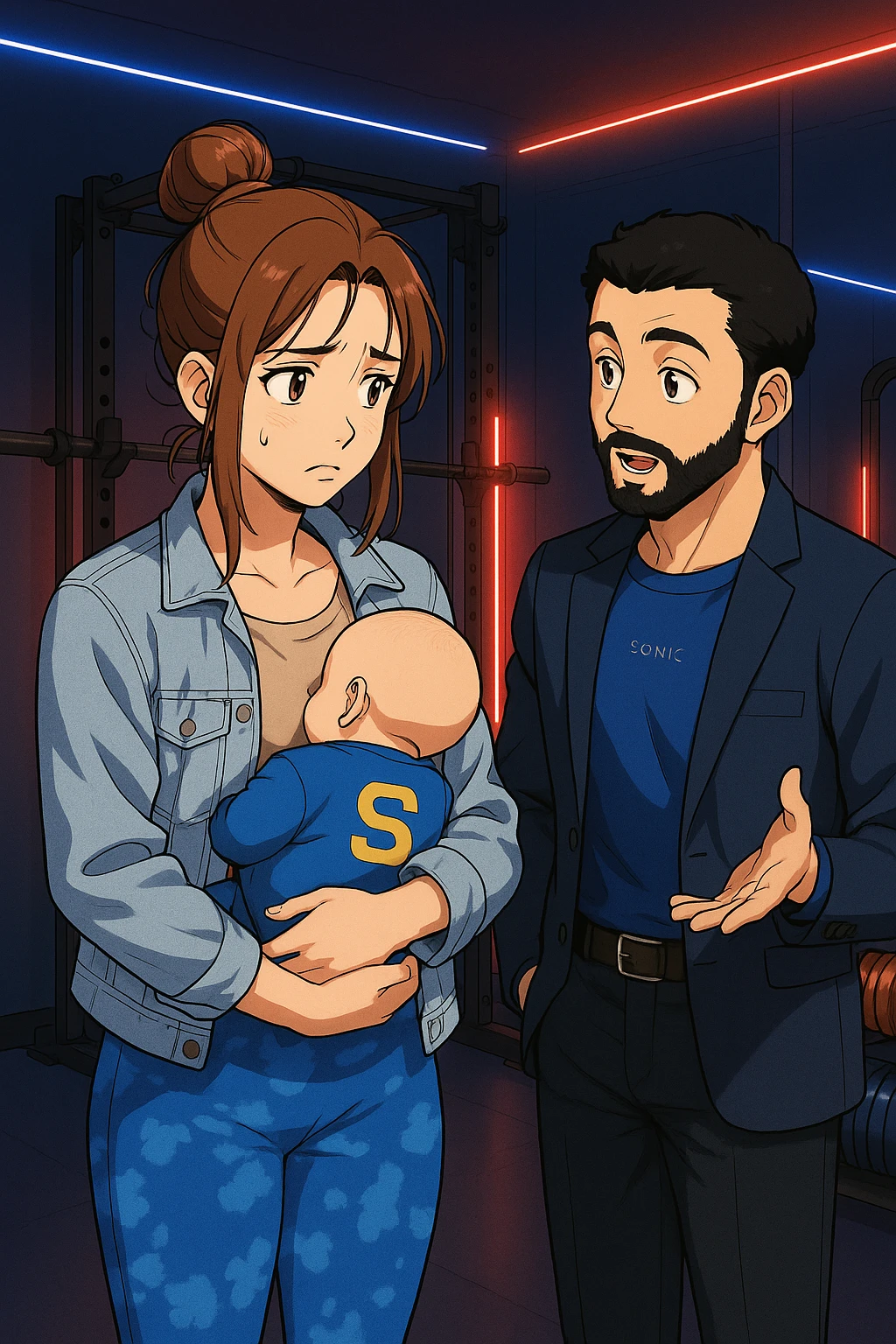 ispirati a questo stile di disegno e fai questa immagine in versione manga/webtoon a colori, il manga mostra la donna preoccupata con un neonato in braccio con una tutina azzurra e la scritta "S" sulla schiena, mentre ascolta l'uomo mentre l'uomo gli sta spiegando una cosa, ma non fare i fumetti, fai come se stessero parlando emoji