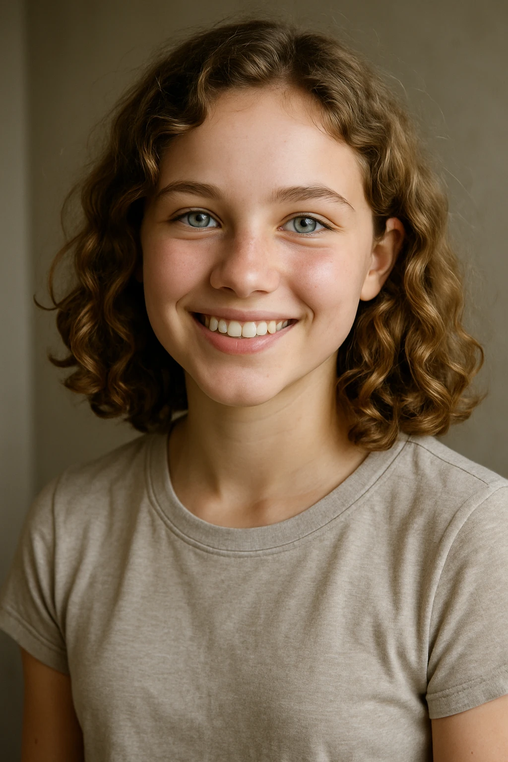 white girl with dark blonde curly hair, blue-green eyes, smiling, shoulder length hair, upper body emoji