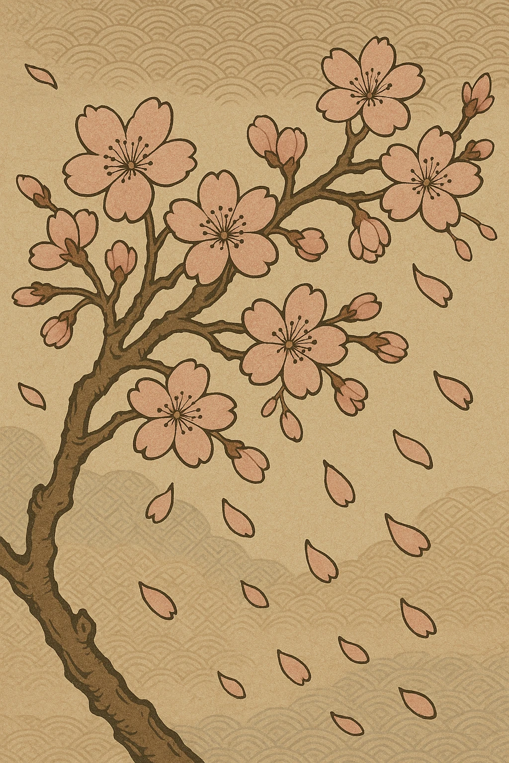 a cherry blossom branch with petals falling, ukiyo-e style emoji