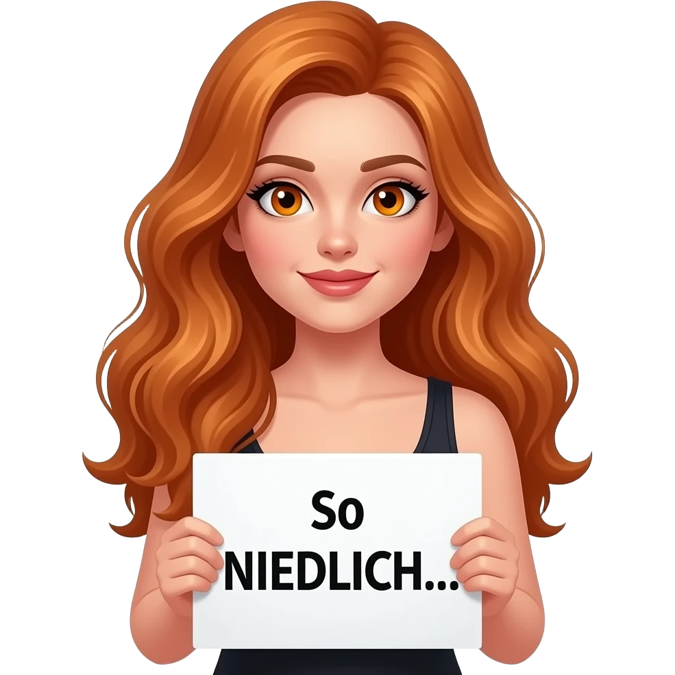 sexy girl with long wavy ginger hair and ginger eyes wearing a black tanktop is holding a white sign with So NIEDLICH... written on it emoji