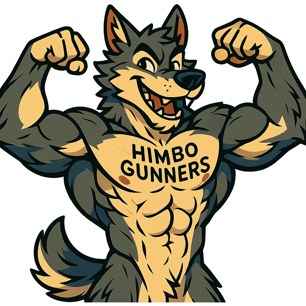 very muscular, handsome, and detailed wolf furry, shirtless, with 'Himbo Gunners' tattooed on chest, flexing pose, energetic, playful, extremely detailed anatomy and fur emoji
