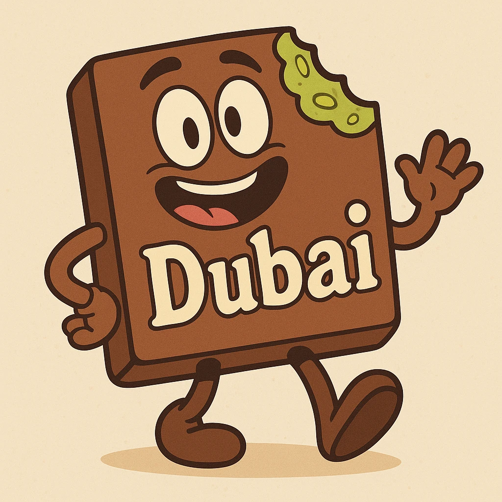 cartoon-style Dubai chocolate with a bite, green pistachio filling visible, playful and bold colors emoji