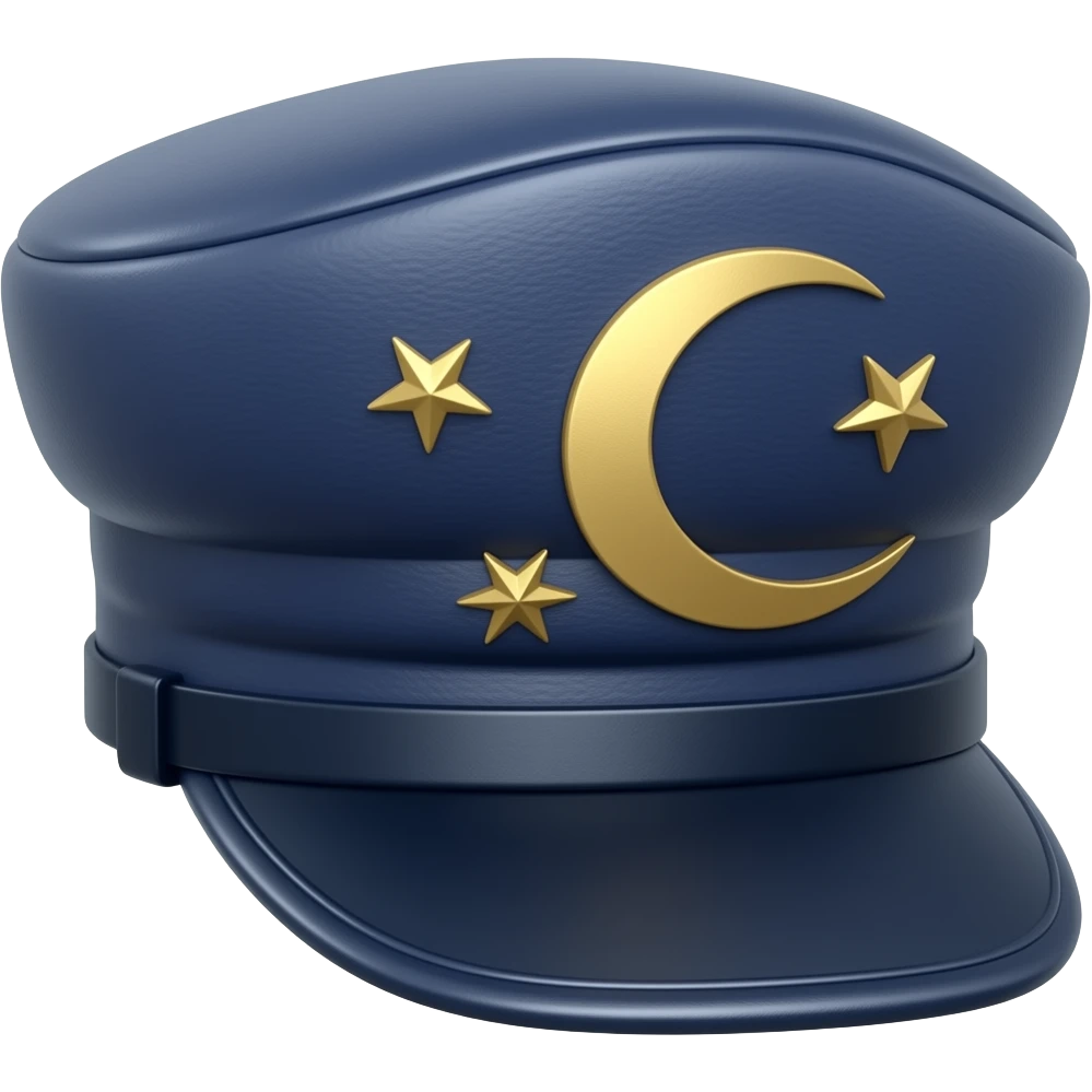 Dark navy-indigo flat leather Dommy Kepi hat with gold stars and a gold crescent on the side emoji