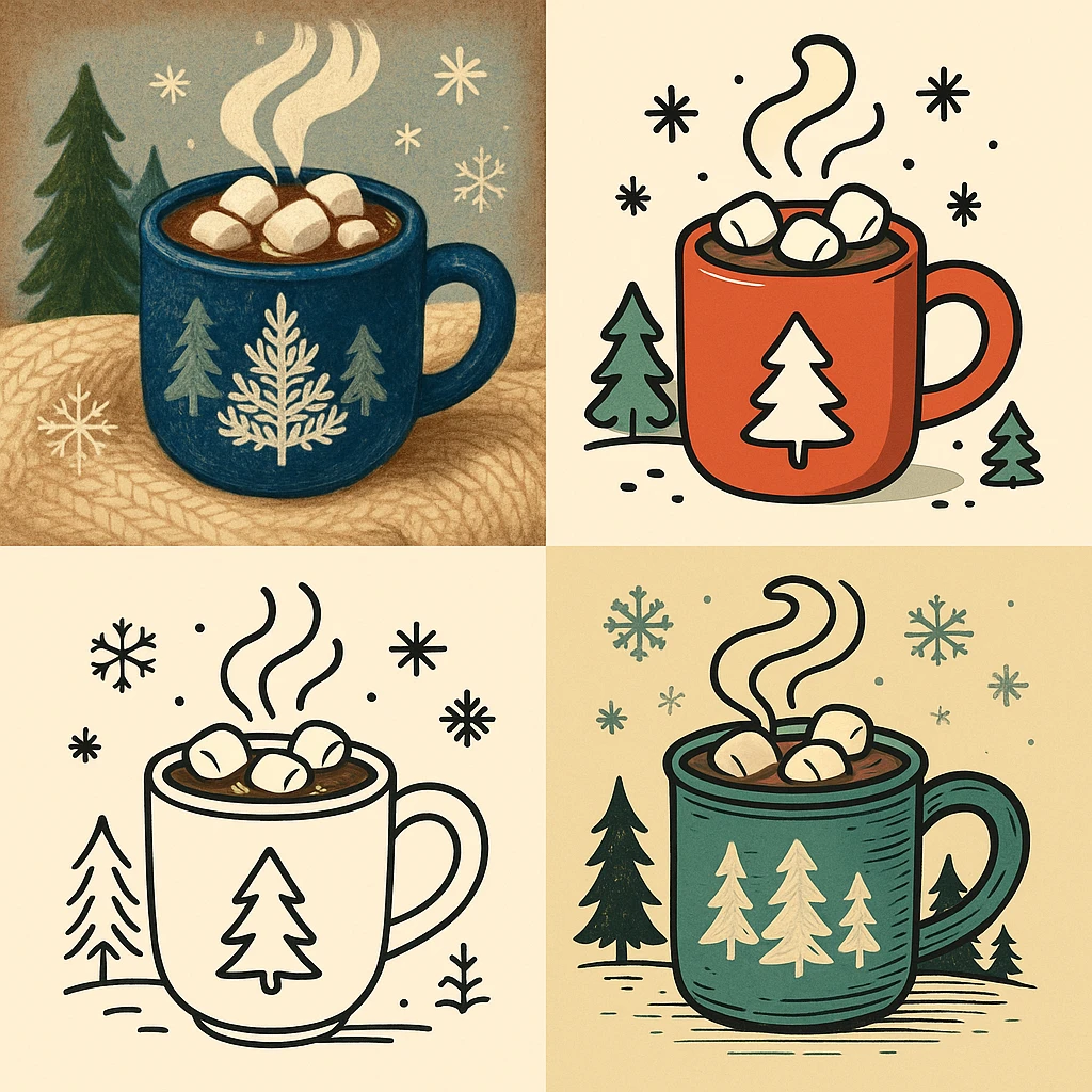 hot chocolate mug, winter theme, varied style emoji