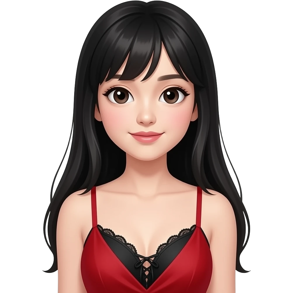 Asian girl with black long hair, big pretty eyes, a red dress, thin strap, with the top of a black bra showing laced, make her look attractive emoji
