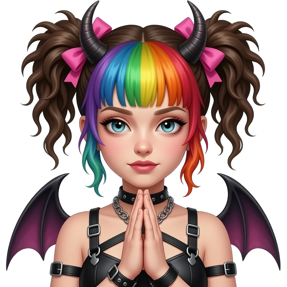 Baphomet babe with messy, washed-out rainbow dyed hair and overgrown brunette roots, styled into two matted, spiky, y2k/alt-fashion buns, styled with frilly girly pink hair bows and bondage restraints while saying a prayer to her dear lord and daddy Lucifer down below emoji