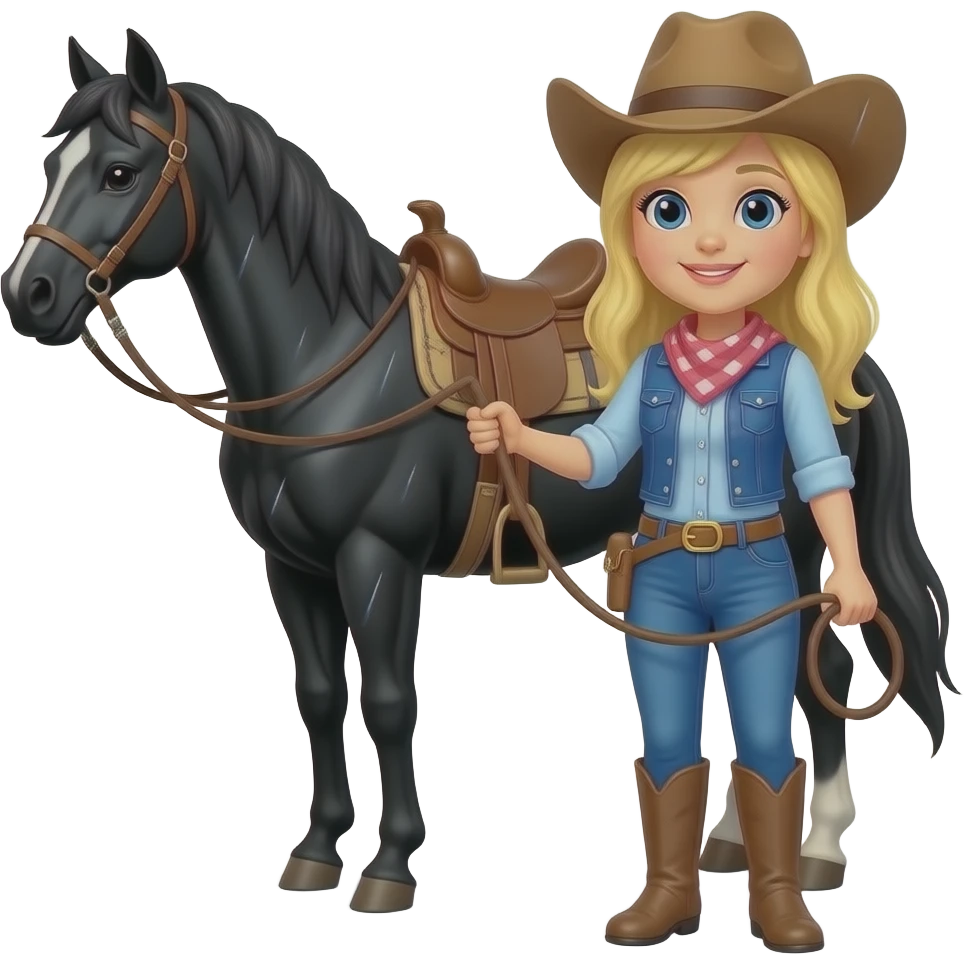 Blonde cowgirl leading black horse in the rain emoji