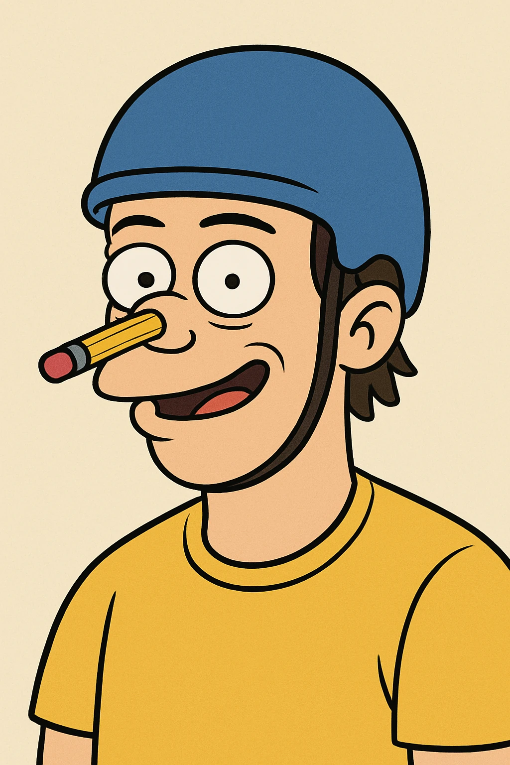 cartoon style portrait of a man with a blue helmet, a pencil in his nose, and a yellow shirt, playful expression, minimal background emoji