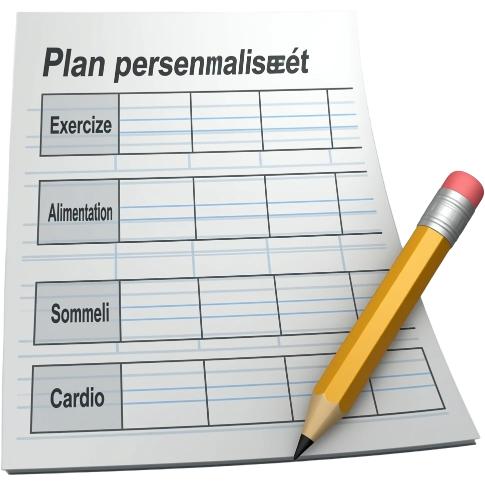 A gym workout plan, with a pencil in the corner and titled "Plan personnalisé" should clearly state the following: Exercice, Alimentation, Sommeil, Poids, Cardio. emoji
