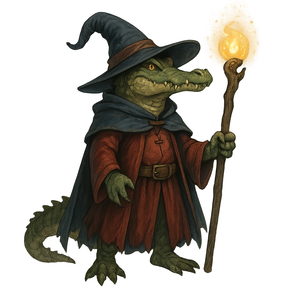 alligator wizard, fantasy, magical, staff, hat emoji