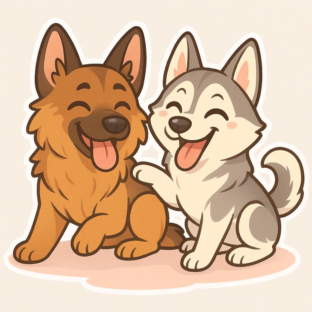 Make the two dogs playful in chibi sticker style, inspired by the reference photo. Capture the cute, exaggerated features and playful expressions typical of chibi stickers. emoji