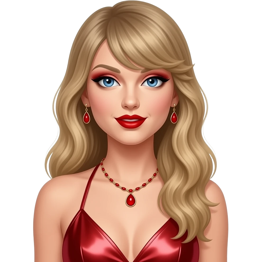 Taylor Swift with blue eyes, long blonde hair, red eyeshadow, red lipstick, red metallic halter dress, red necklace and earrings emoji