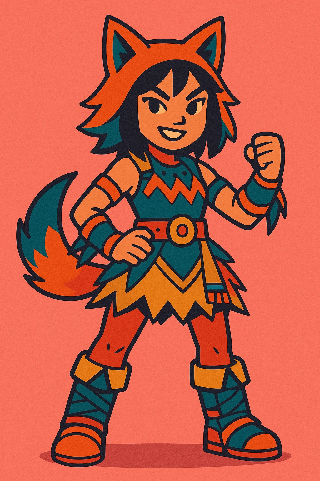 Asian girl dressed as a therian, confident stance, detailed gear, lively colors emoji
