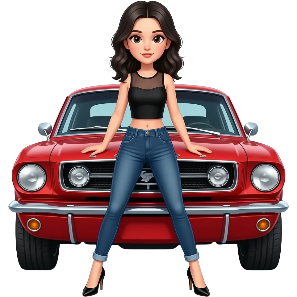 Pale girl with black wavy hair and brown eyes in front of a red ford mustang 1968 coupe. Girl wearing a sheer black sleeveless top, jeans and heels with visible toes. Legs wide spread and hands resting on the hood. emoji